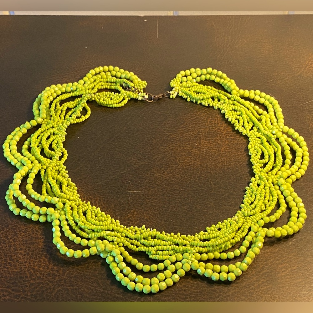 SALE 5/$25 OOAK VTG multi strand collar necklace,lime green faceted,seed beads